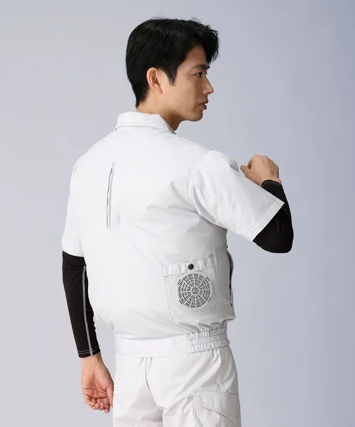 空調服(R)半袖ブルゾン＋14.4V瞬間冷却超大容量ターボハイパワーファン対応スターターキット（ファンブラック）＋インナー（シルバーカモフラ）付フルセット 画像9